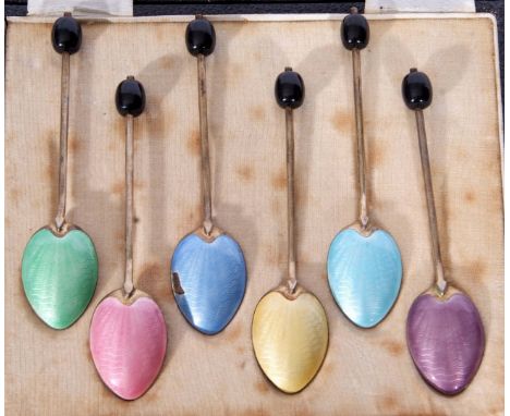 Set of six George V silver and enamel bean end coffee spoons set in a fitted case, Birmingham 1926, makers mark TS, total wt 