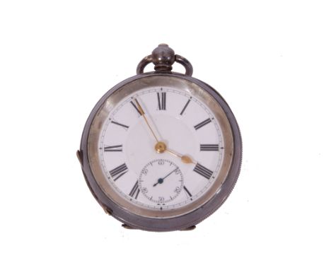 Last quarter of 19th century white metal cased gent's pocket watch, open faced, gold hands to a white enamel dial with black 