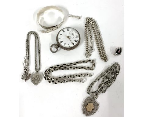 Mixed Lot: a George IV silver pocket watch, the case hallmarked London 1826, two silver/white metal watch chains, two pendant