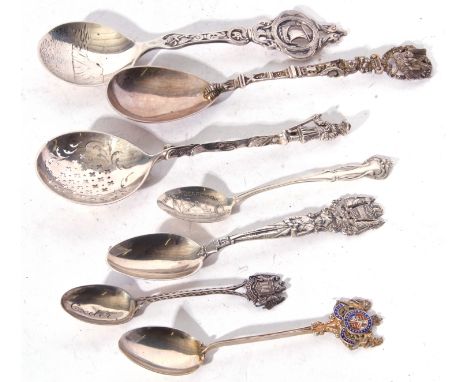 Mixed Lot: 19th century and later novelty silver and white metal spoons comprising a Victorian silver straining spoon with be