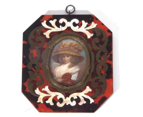 Miniature portrait of a lady in period costume set in a tortoiseshell, mother of pearl and brass mounted octagonal frame with