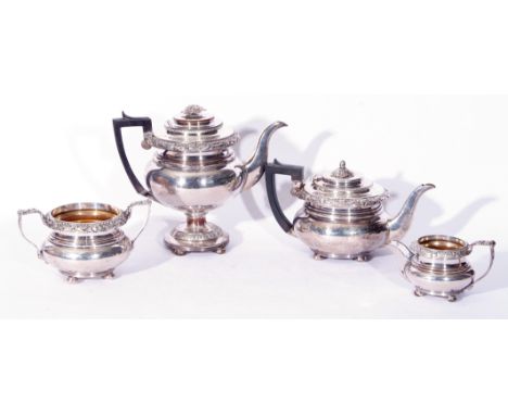 Good quality early 19th century Sheffield silver plate on copper three piece tea service with gilt lined interiors, comprisin