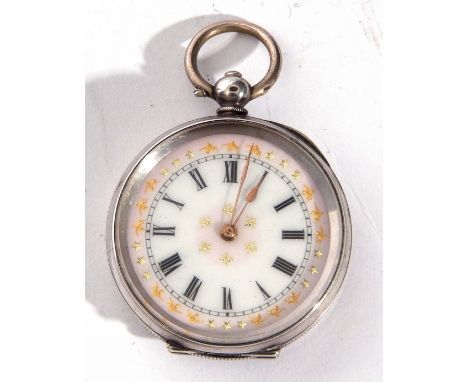 Ladies last quarter of 19th century white metal cased fob watch with key wind, having gold hands to a white enamel dial with 