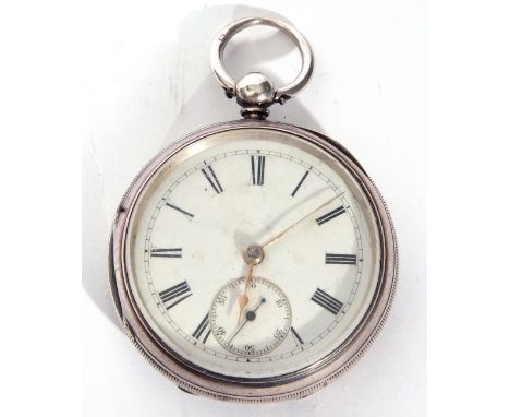 Gents last quarter of 19th century hallmarked silver cased pocket watch with key wind, having gold hands to a white enamel di