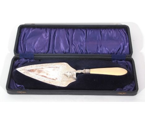 Victorian silver and ivory mounted trowel formed cake slice, the blade decorated with chased foliate detail, uninscribed, Bir