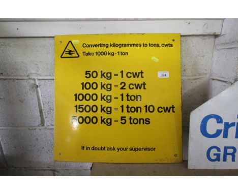 An enamel railway sign converting Kilogrammes to tons and cwt's, approx. 17¾" x 7¾" 