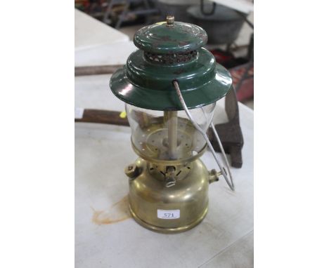 A Colman's storm lamp with Tilley like brass tank
