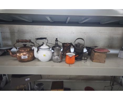 A quantity of miscellaneous items including kettles, pots, small paraffin stoves, enamel tea pot etc.