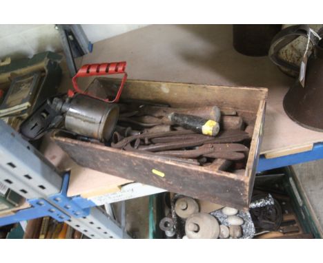 A box of various vintage tools including snips, chisels, blow lamp etc.