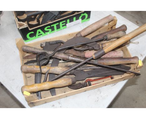 Three pairs of hand shears, two hand scythes, two pairs of vintage secateurs and a long handled beet knife 