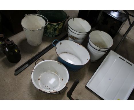 A quantity of various enamel kitchenware to include buckets with swing handles, twin handled bath AF etc.