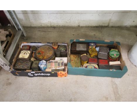 Two boxes containing over 30 miscellaneous vintage tins, some Victorian  