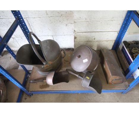 Two copper scoops, a copper coal helmet, a copper hot water bottle etc. 