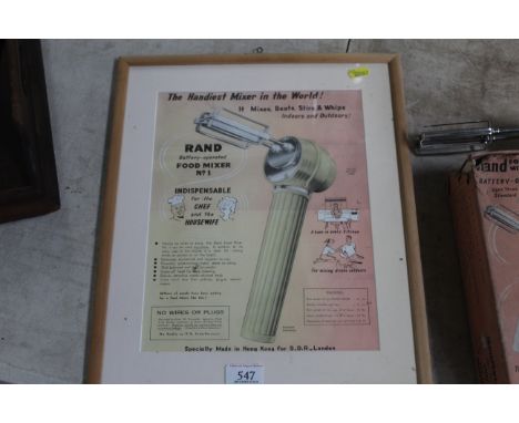 A Rand battery operated food mixer No.1 with original box, and a framed double sided advertising leaflet approx. 16½" x 14" i