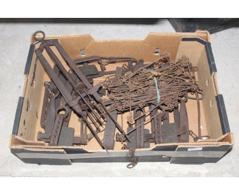 A box containing vintage mole trap, chain measure and other traps 