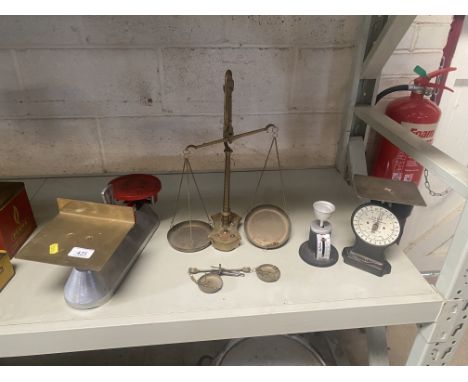 Five sets of scales including egg scales and Post-Office letter scales with a small Salter No.11 letter balance scales