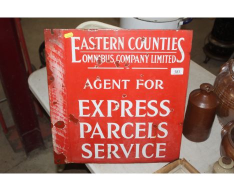 An Eastern Counties Omnibus Company, "Agents For express Parcels Service" double sided enamel sign, approx. 17" x 18"