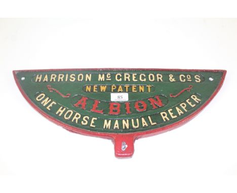 A "Harrison McGregor & Co's" New Patent Albion One Horse Manual Reaper cast iron plate of demi-lune shape, approx. 21" x 9" i