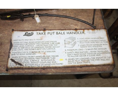An enamel sign for "Lister Take Put Bale Handler", approx. 30" x 12" 