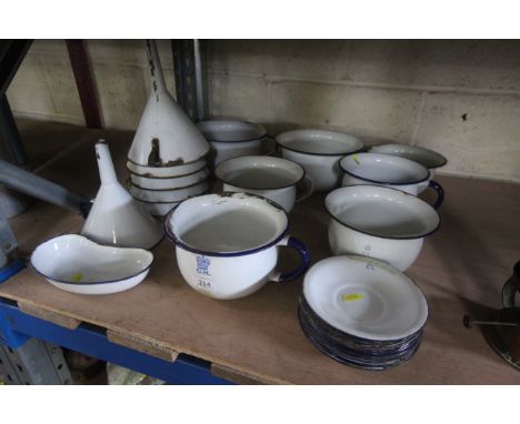 A large quantity of enamel including a GR single handed pot, various other GR pots and GR plates, funnels etc.