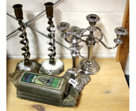 A pair of 19th century open twist brass candle sticks, a silver plated candelabrum, candle stick and two packs of early Ship 
