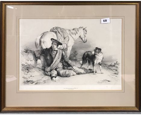 A mid-19th century framed lithograph of a Scotsman with his horse and dog, printed by Charles Joseph Hullmandel (1789-1850) a