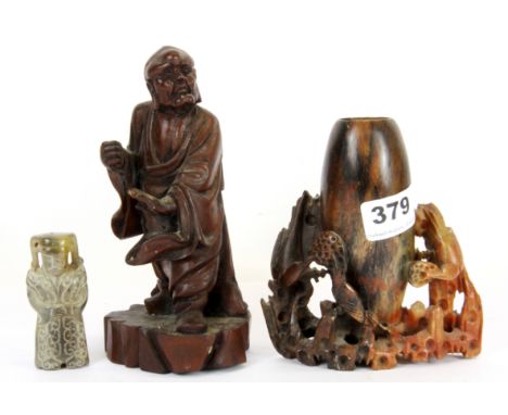 A Chinese carved soapstone desk vase, hardwood figure and a jade figure of an emperor, vase H. 13cm.