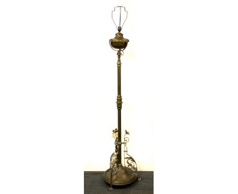 A 19th century brass oil lamp stand converted for use with electricity, H. 145cm.
