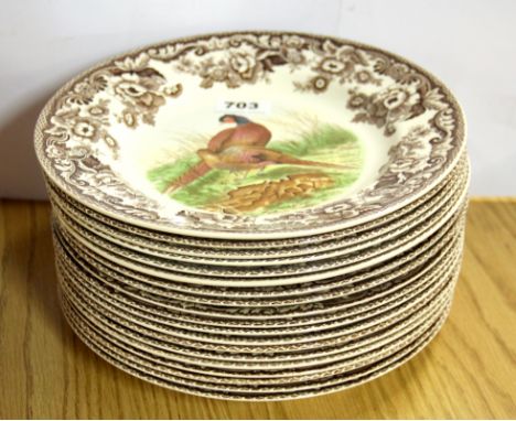 Nineteen Spode pheasant and hunting dog patterned dinner plates.