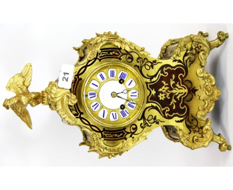 A superb mid 20th century French Boulle mantle clock with enamelled ceramic numerals, H. 37cm.
