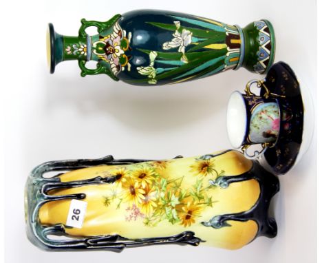 A large Austrian Art Nouveau porcelain vase, H. 34cm, (a/f to one foot), together with a Hungarian vase and a Vienna chocolat