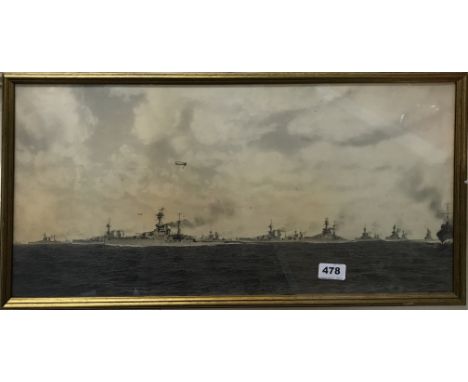 A gilt framed pencil sketch of a First World War Naval convoy at sea, 65 x 33cm.