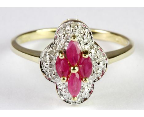 A 9ct yellow gold ruby and diamond set cluster ring, (N).