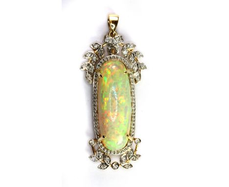 A 14ct yellow and white gold (stamped 585) large cabochon cut opal and diamond set pendant, (opal approx. 14.25ct), L. 5cm.