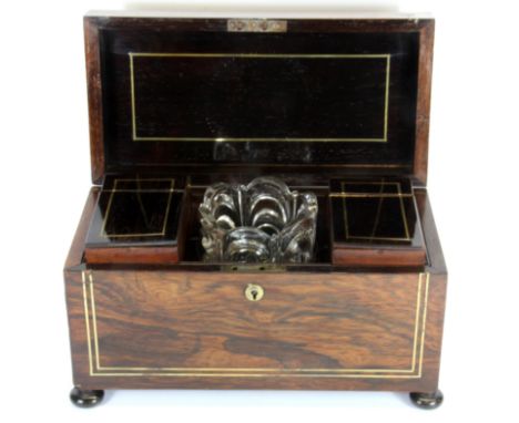 An early 19th century brass inlaid rosewood tea caddy with glass mixing bowl, 31 x 15 x 17cm.