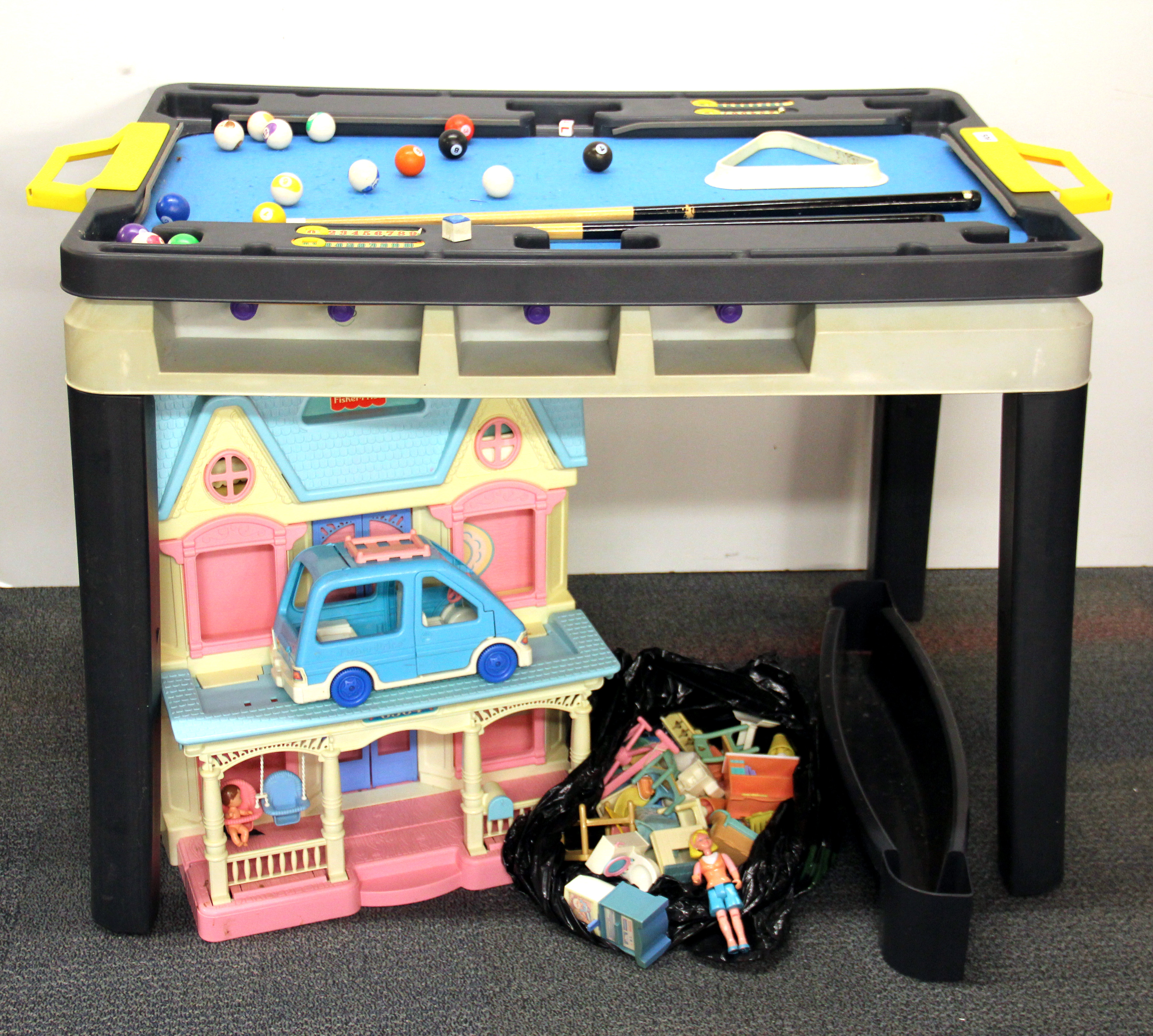 A vintage child's pool table and Fisher Price dolls house, car and ...