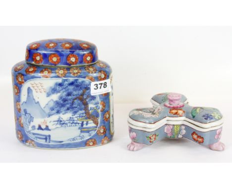 A Chinese hand painted porcelain tea caddy and an unusual porcelain dish decorated with butterflies, caddy H. 17cm.