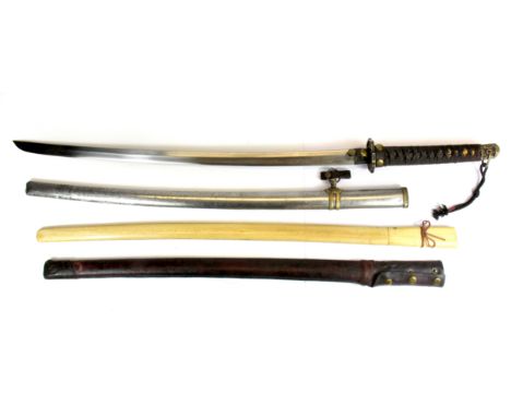 A Japanese shin gunto sword with polished steel and brass mounted scabbard and etched blade 50637 (officers), L. 100cm, toget