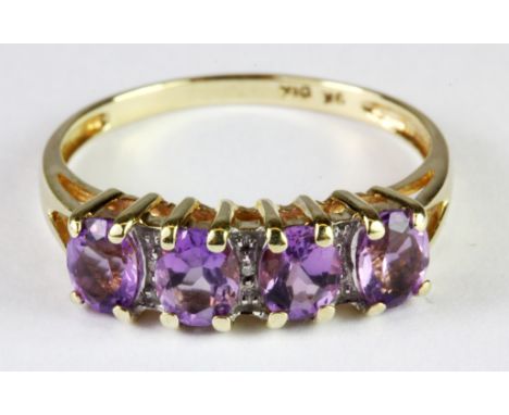 A 9ct yellow gold amethyst and diamond set ring, (P).