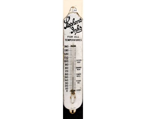 An original vintage enamelled advertising thermometer sign for Stephens Inks, H. 93cm.
