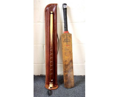 A vintage Walter Warsop cricket bat and snooker cue.