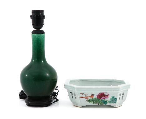 Green glaze lamp is 31 cm. tall, planter measures 20 x 16 x 7 cm., chip.