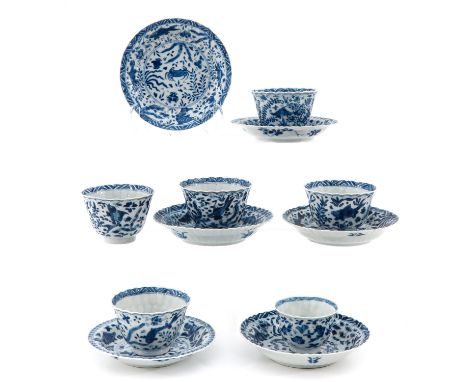 Including 6 cups and 6 saucers in blue and white decor depicting sea creatures, 18th Century, saucers are 13 cm. in diameter,