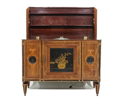 With inlay of various types of woods, lacquer panels, and pewter basin, 125 x 94 x 58 cm.