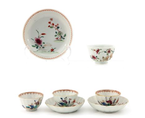 Including 4 cups and 3 saucers, depicting a variety of scenes in Famille Rose enamels, some 18th Century, largest saucer is 1