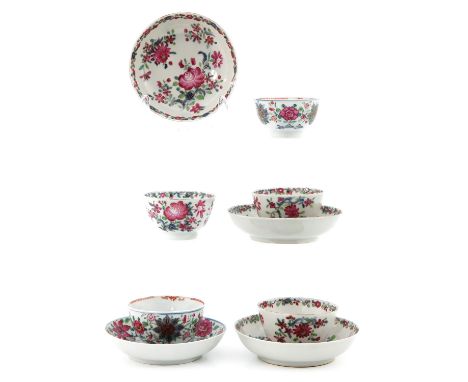Including 5 cups and 4 saucers in Famille Rose floral decors, saucers are 12 cm. in diameter, hairline.