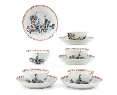 Including 5 cups and 5 saucers, including decor of Chinese figures in Famille Rose enamels, saucers are 12 cm. in diameter, i