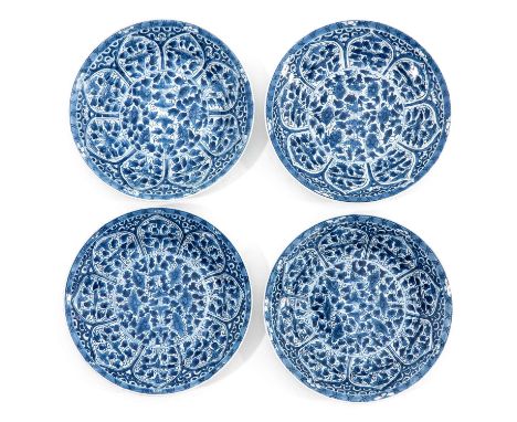 Floral decor, marked with double ring and conch shell, 21 cm. in diameter, chip.