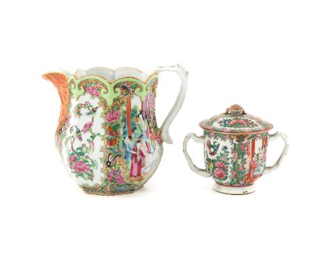Depicting Chinese figures with butterflies and birds, pitcher is 16 cm. tall. 
