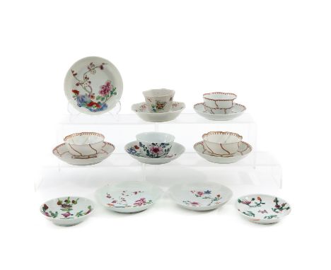 Including 5 cups and 10 saucers, in a variety of decors and sizes, some 18th century, largest saucer is 11 cm. in diameter, i